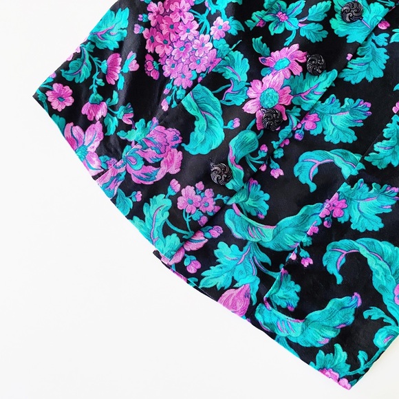 80s / 90s petite jazz bold floral mini dress - VTG black purple teal sheath - Picture 10 of 11